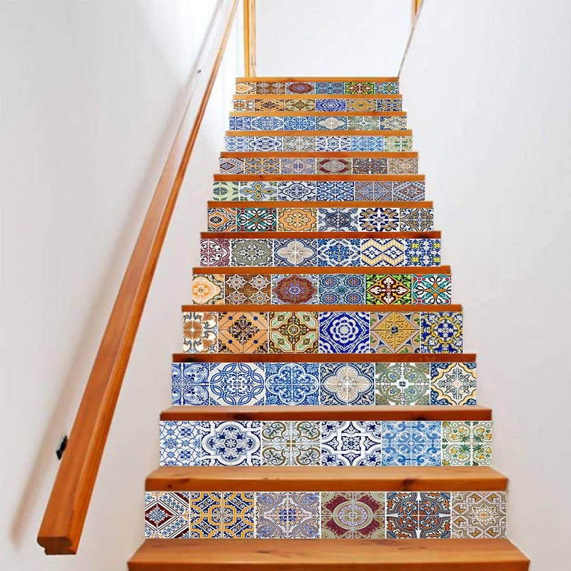 TUOKING 13 Strips Stair Stickers, PVC Home Decor Decals, Self-Adhesive Refurbished Staircase Murals, 39''L x 7''W, Tiles Pattern (Ceramic Tiles Pattern) - Image 2